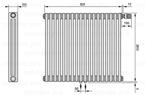 Схема (чертеж) Радиатор Zehnder Charleston 3280/18 №V008 Белый глянцевый RAL 9016